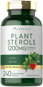 A bottle of Carlyle Plant Sterols 1200 mg Complex with 240 quick release softgels on a scale.