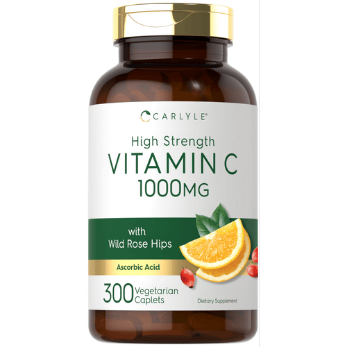 View 1 Carlyle High Strength VITAMIN C 1000MG with Wild Rose Hips, 300 Vegetarian Caplets shown in hand scale.