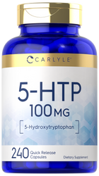 Carlyle 5-HTP 100 mg, 240 capsules, shown with hand for scale.