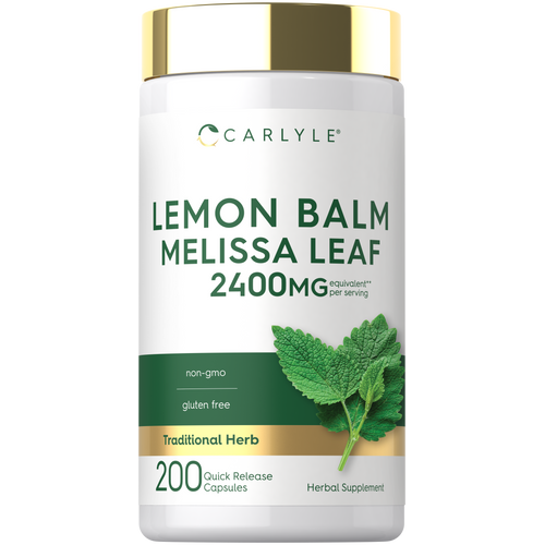 View 1 Lemon Balm Melissa Leaf supplement, 2400 mg per serving, with 200 quick release capsules for easy consumption.