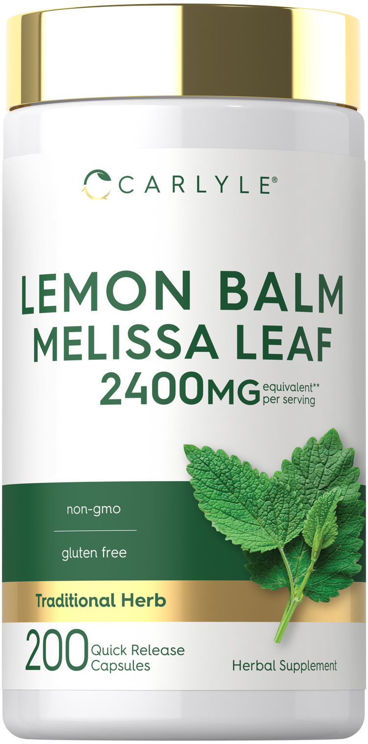 Lemon Balm Melissa Leaf supplement, 2400 mg per serving, with 200 quick release capsules for easy consumption.
