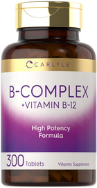 Carlyle B-Complex Plus Vitamin B-12, 300 Tablets displayed on a hand scale to indicate bulk size.