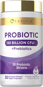 Carlyle Probiotic 150 Billion CFU includes prebiotics and 31 strains in 30 delayed release vegan capsules. Gluten free.