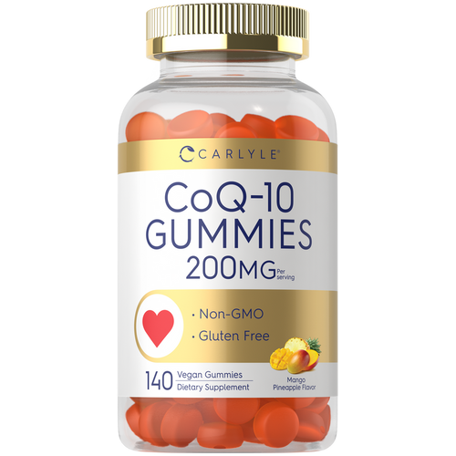 View 1 Carlyle CoQ10 200 mg gummies in mango pineapple flavor, 140 count, shown in a clear bottle.