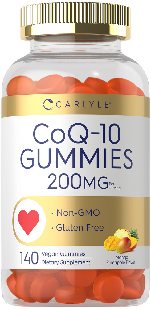 Carlyle CoQ10 200 mg gummies in mango pineapple flavor, 140 count, shown in a clear bottle.