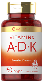 Carlyle Vitamins A, D, and K in a 150 softgel bottle is shown on a scale, indicating bulk product size.