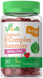 A hand holding Children's B-Complex Vegan Gummies, Peach Raspberry flavor, in a 90-count bottle. Suitable for kids and vegans.