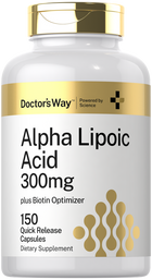 A hand holds a bulk scale of 150 capsules of Alpha Lipoic Acid 300mg in quick release form.