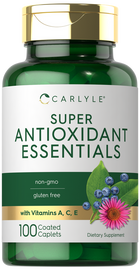 A bottle of 100 green-coated caplets for Super Antioxidant Essentials is displayed.