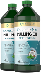 Two 16 fl. oz. (473 mL) Coconut + Mint Pulling Oil bottles for oral care.