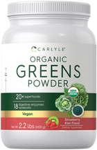 Organic Greens Powder, Strawberry Kiwi Flavor, Net Weight 2.2 lbs (1000 g), displayed on a hand scale.