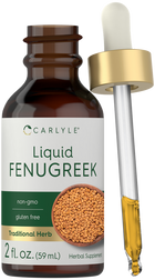 A 2 fl. oz. (59 mL) brown bottle of liquid Fenugreek with a dropper dispensing yellow liquid.