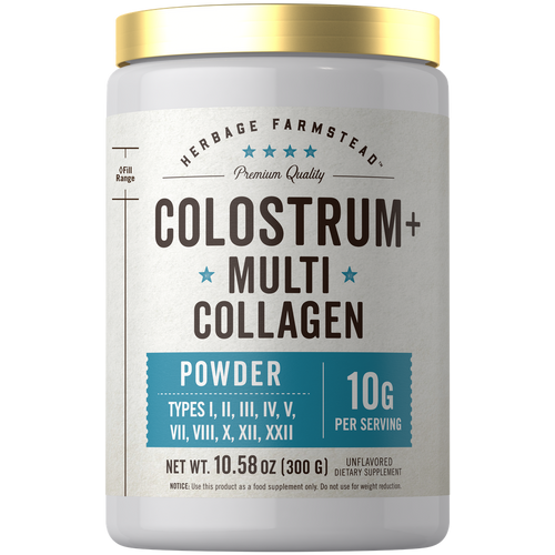 View 1 A hand holding a container of Colostrum & Multi Collagen Powder, weighing 10.58 oz (300 g), against a neutral background.