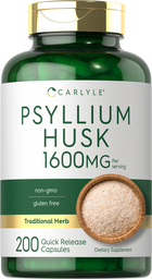 Green Psyllium Husk 1600mg Quick Release Capsules, 200 count, next to a wooden bowl of psyllium husk powder.