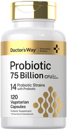 Doctor's Way Probiotic offers 75 Billion CFU per 3 capsules, featuring 14 probiotic strains with prebiotic in 120 vegetarian capsules.
