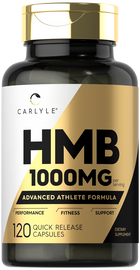 HMB Quick Release Capsules, 1000mg per serving, 120 count, shown on a hand scale for bulk measurement.
