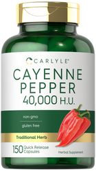 Hand holding a bottle of Carlyle Cayenne Pepper capsules, 40,000 H.U., 150 quick-release capsules.