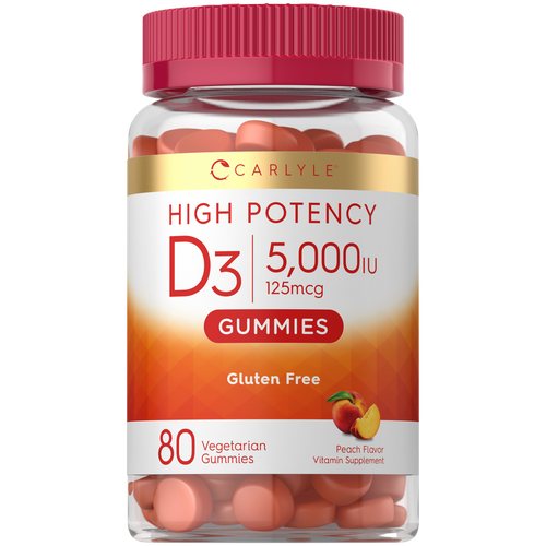 View 1 Container labeled CL Vitamin D3 5,000IU containing 80 vegetarian gummies displayed on hand scale.