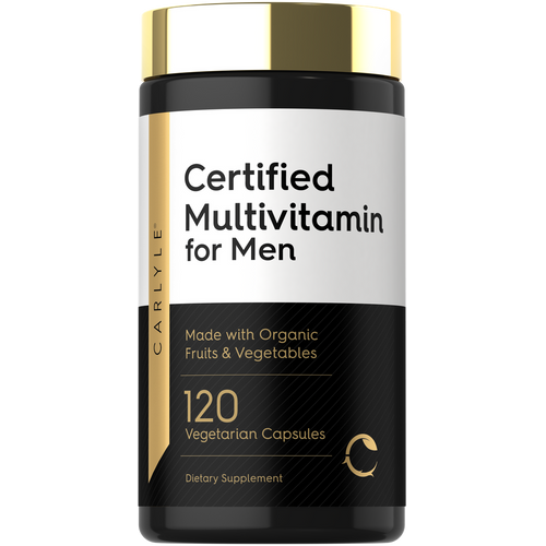 View 1 Hand holding a bottle of 120 vegetarian capsules, weighing it on a bulk scale.