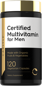 Hand holding a bottle of 120 vegetarian capsules, weighing it on a bulk scale.