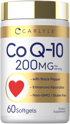 Carlyle Co Q-10 200MG with Black Pepper, 60 softgels. Non-GMO and gluten-free dietary supplement.