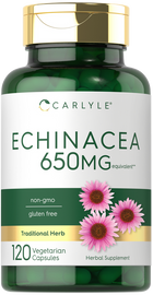 Echinacea 650 mg equivalent Vegetarian Capsules in a 120-count bottle shown on a hand scale.