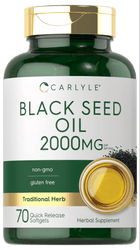 Carlyle Black Seed Oil 2000 mg per serving with 70 quick release softgels on a hand scale.