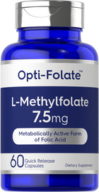Product image of L-Methylfolate 7.5mg, 60 quick release capsules with hand scale for size reference.