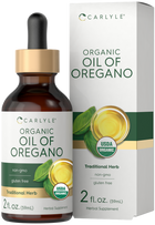 2 fl. oz. (59mL) Organic Oil of Oregano liquid in a dropper bottle, displayed on a hand scale.