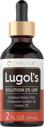 Lugol's Solution 2% USP in a 2 FL. OZ. (59 mL) dropper bottle displayed on a bulk scale.