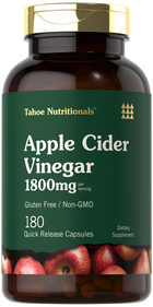 Apple Cider Vinegar quick release capsules, 1800mg per serving and 180 capsules, shown on a hand scale.