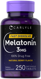 A bottle of Melatonin 3mg Fast Dissolve Tablets containing 250 tablets is shown, suitable for sleep aid and relaxation.