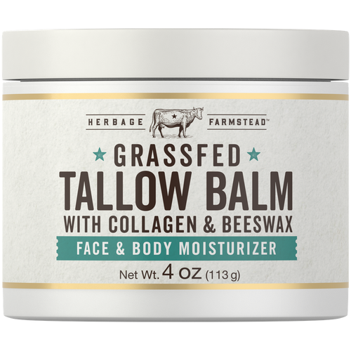 View 1 A jar of Grassfed Tallow Balm with Collagen and Beeswax, Net Wt. 4 OZ (113 g), resting on a hand for scale.