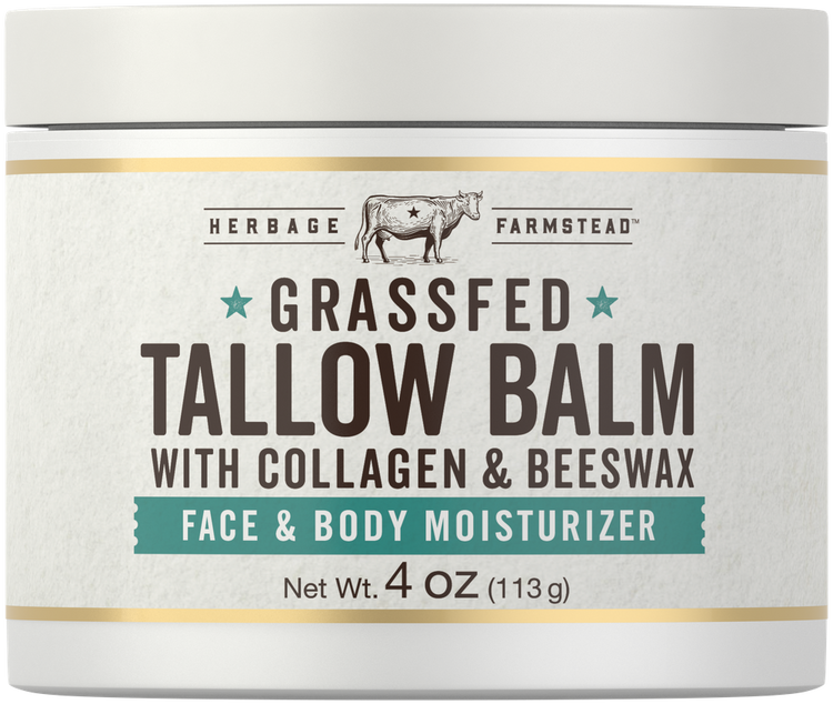 A jar of Grassfed Tallow Balm with Collagen and Beeswax, Net Wt. 4 OZ (113 g), resting on a hand for scale.
