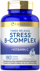 Carlyle Timed Release Stress B-Complex plus Vitamin C, 180 coated caplets held in hand.