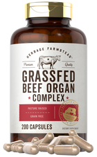 200 tan capsules from Herbage Farmstead, featuring Grassfed Beef Organ Complex, displayed on a bulk scale.