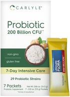 Carlyle Probiotic 200 Billion CFU Ultimate Flora packet shown for size comparison on a hand.