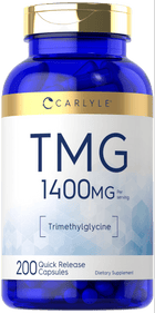 Bottle of 200 quick release TMG capsules, 1400mg per serving, shown on scale with a hand.