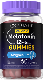 A bottle of Carlyle CL Melatonin 12mg with Magnesium, containing 60 gummies, displayed against a hand-scale backdrop.