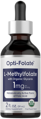 L-Methylfolate 2 fl. oz. (59 mL) liquid with 1 mg per serving, USDA Organic, Opti-Folate, and Fruit Punch Flavor.