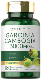 A hand holding a bottle of Carlyle Garcinia Cambogia 3000 mg Quick Release Capsules, suitable for weight management support.