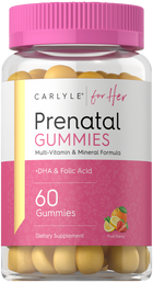 Carlyle for Her Prenatal Gummies in a clear jar containing 60 yellow, dome-shaped gummies.