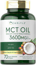 Hand holding Carlyle MCT Oil 3600MG per serving, 70 quick release softgels.