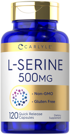 A hand holds a bulk scale L-Serine 500 mg quick release capsule bottle, indicating size and dosage.