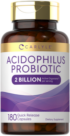 Probiotic 2 Billion features 180 quick release capsules for digestive health support, shown balanced on a hand scale.