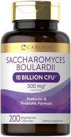 Carlyle Saccharomyces Boulardii bottle with 200 vegetarian capsules visible in the hand, giving a sense of the product size.