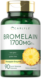 Carlyle Bromelain 1700mg Quick Release Capsules, 90 count in a hand for scale.