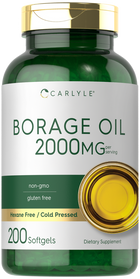 Carlyle Borage Oil softgels in a 200-count bottle, providing 2000MG per serving, displayed on a bulk scale with a hand nearby.