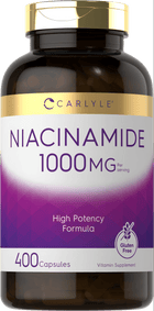 A hand holding a bottle of niacinamide capsules, 1000 mg strength, containing 400 capsules, displayed for bulk purchase.
