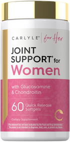 Carlyle Joint Support for Women shows 60 Quick Release Softgels with Glucosamine and Chondroitin on a hand scale.